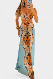 Σιτέλα Φόρεμα με Κόψιμο, Αφηρημένο Σχέδιο και Ανοιχτή Πλάτη