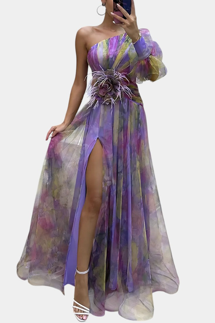 Amelie Φόρεμα Μάξι Ασύμμετρο Μονόωμο με Καλλιτεχνικό Σχέδιο