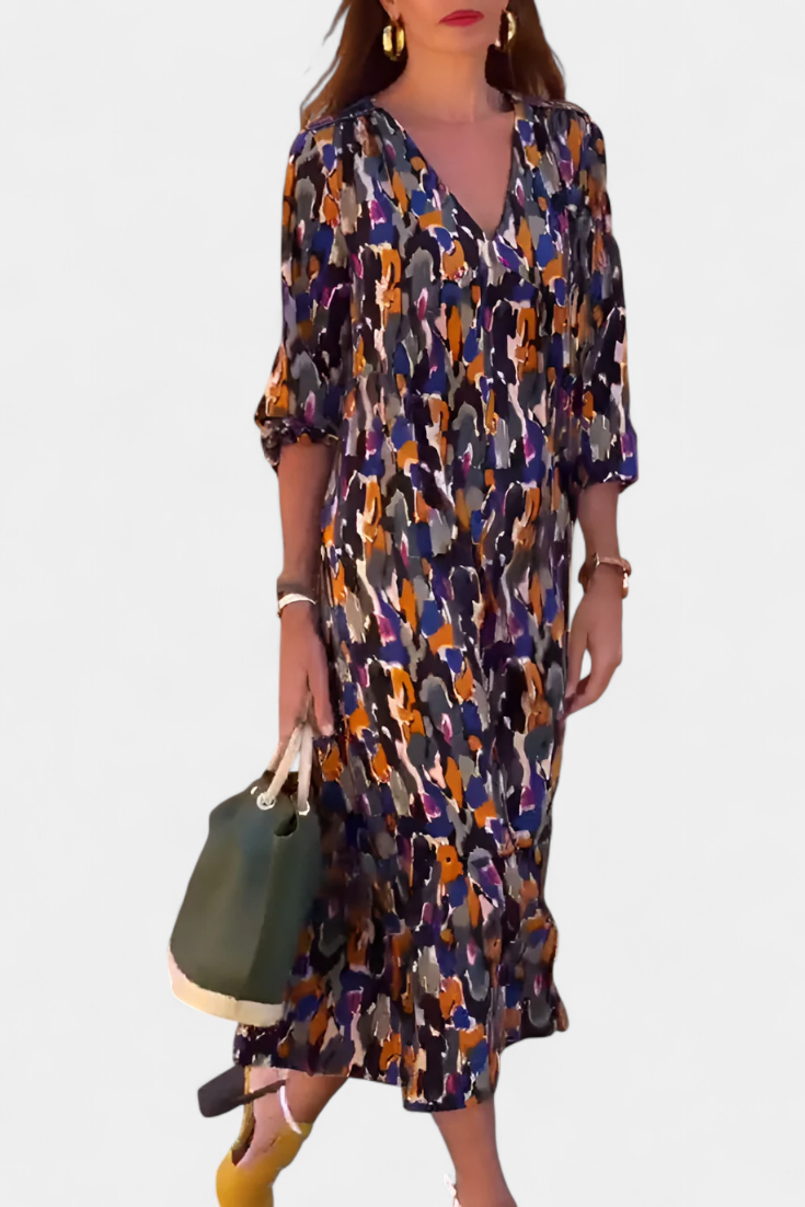 Teodora Ρετρό Φόρεμα με Λαιμόκοψη V και Φουσκωτά Μανίκια