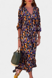 Teodora Ρετρό Φόρεμα με Λαιμόκοψη V και Φουσκωτά Μανίκια