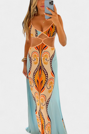 Σιτέλα Φόρεμα με Κόψιμο, Αφηρημένο Σχέδιο και Ανοιχτή Πλάτη