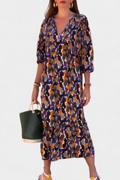 Teodora Ρετρό Φόρεμα με Λαιμόκοψη V και Φουσκωτά Μανίκια