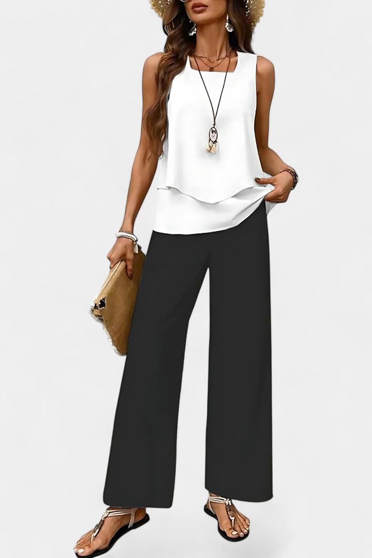 Martina Κομψό Boho Σετ χωρίς Μανίκια με Ίσιο Παντελόνι με Μοτίβο