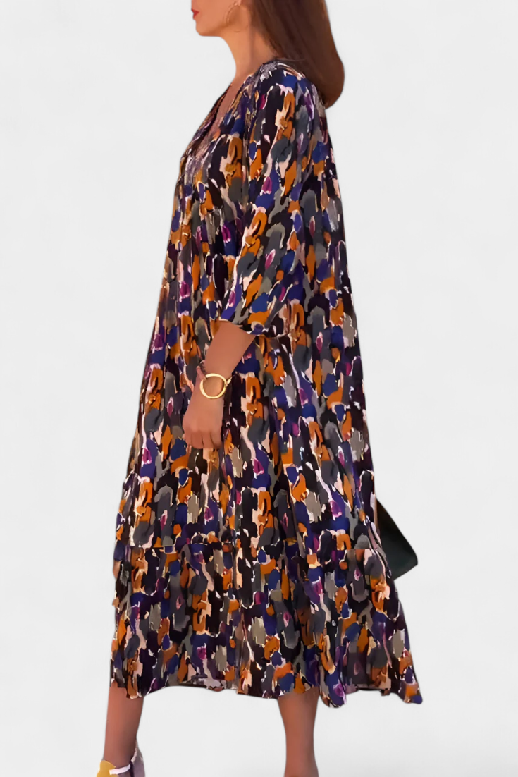 Teodora Ρετρό Φόρεμα με Λαιμόκοψη V και Φουσκωτά Μανίκια