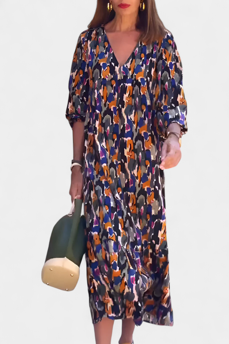 Teodora Ρετρό Φόρεμα με Λαιμόκοψη V και Φουσκωτά Μανίκια