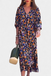 Teodora Ρετρό Φόρεμα με Λαιμόκοψη V και Φουσκωτά Μανίκια