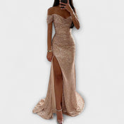 Καλοκαιρινό Βραδινό Φόρεμα — Στράπλες Μάξι με Glitter και Σκίσιμο για Γάμους & Πάρτι