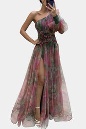 Amelie Φόρεμα Μάξι Ασύμμετρο Μονόωμο με Καλλιτεχνικό Σχέδιο