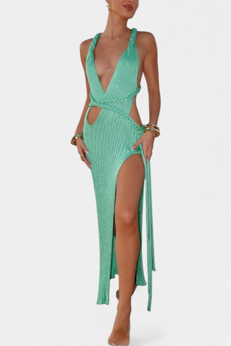 Jamie Μάξι Πλεκτό Φόρεμα με Λεπτομέρεια Καλωδίωσης στη Μέση