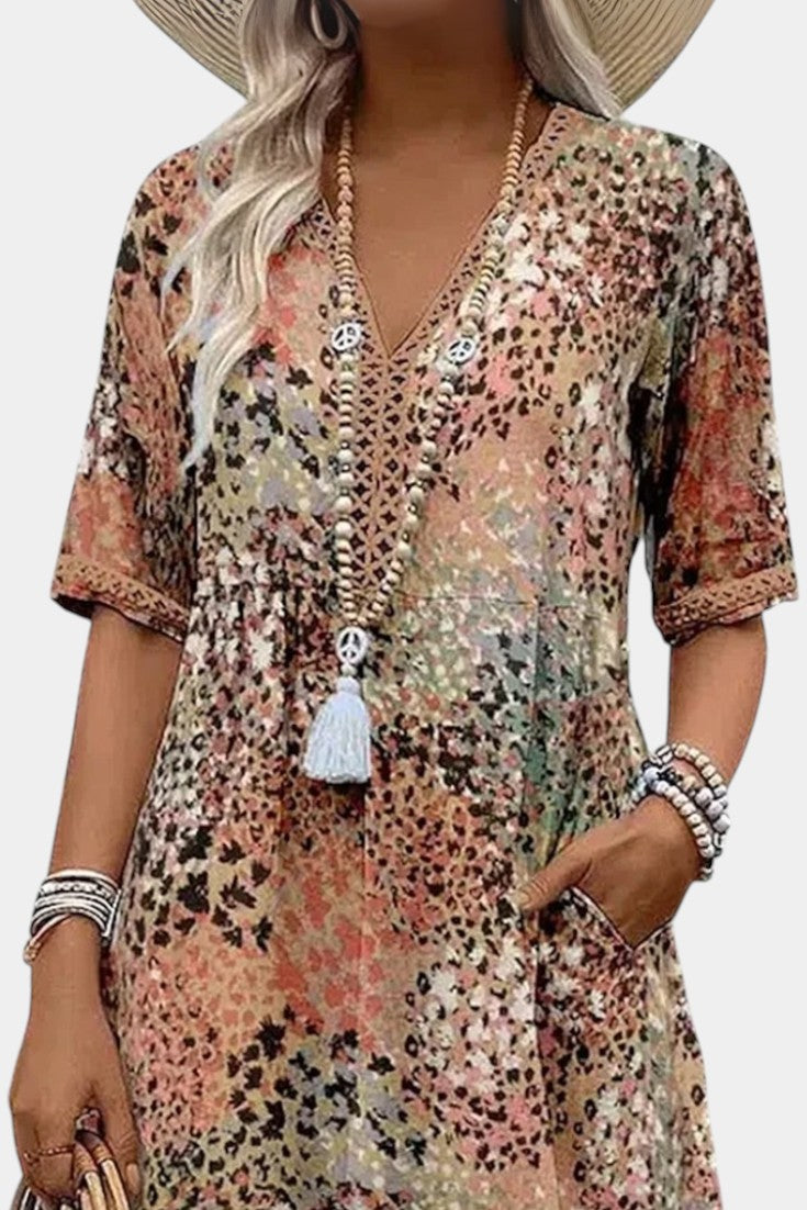 Perla Boho Φόρεμα με Λουλουδάτο Μοτίβο και Πλεκτές Λεπτομέρειες