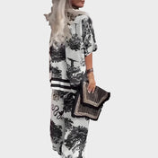 Εμπριμέ μπλούζα με ντεκολτέ V + μακριό παντελόνι