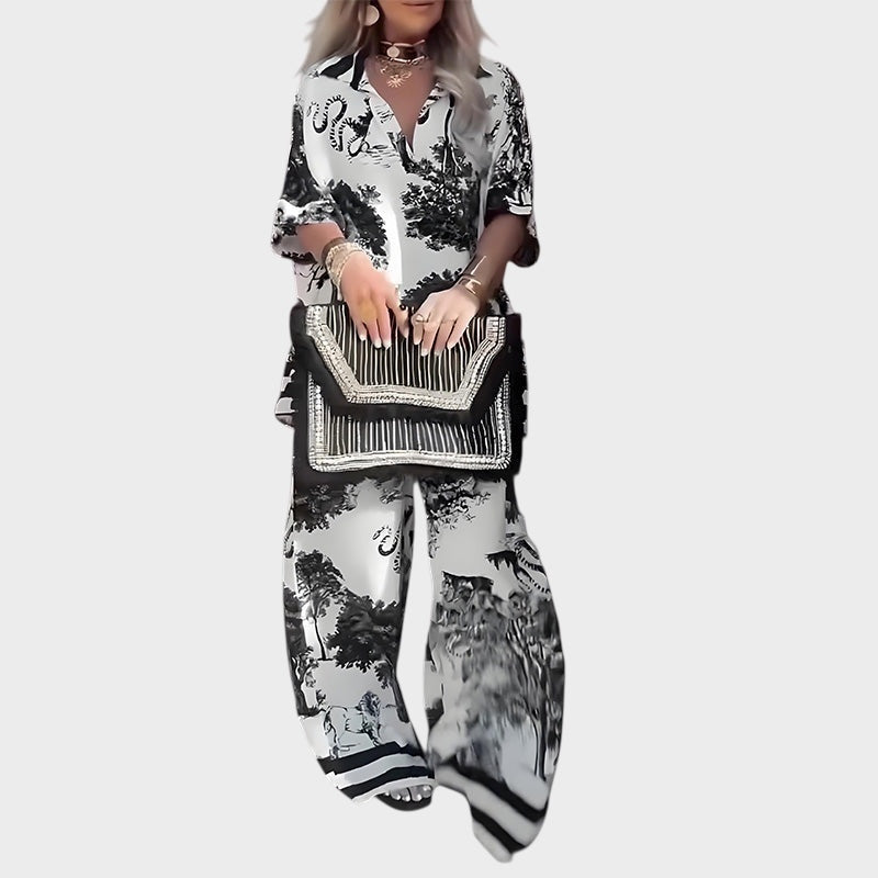 Εμπριμέ μπλούζα με ντεκολτέ V + μακριό παντελόνι