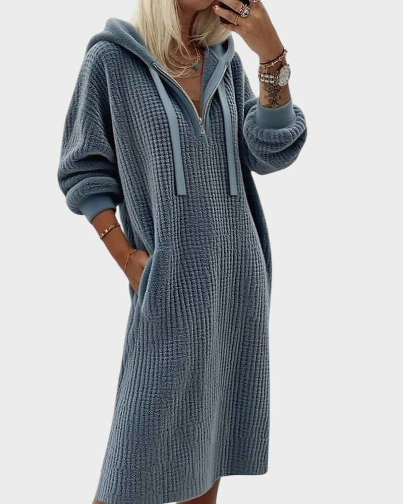 Καθημερινό πλεκτό φόρεμα φούτερ με κουκούλα και σχέδιο κυψέλης