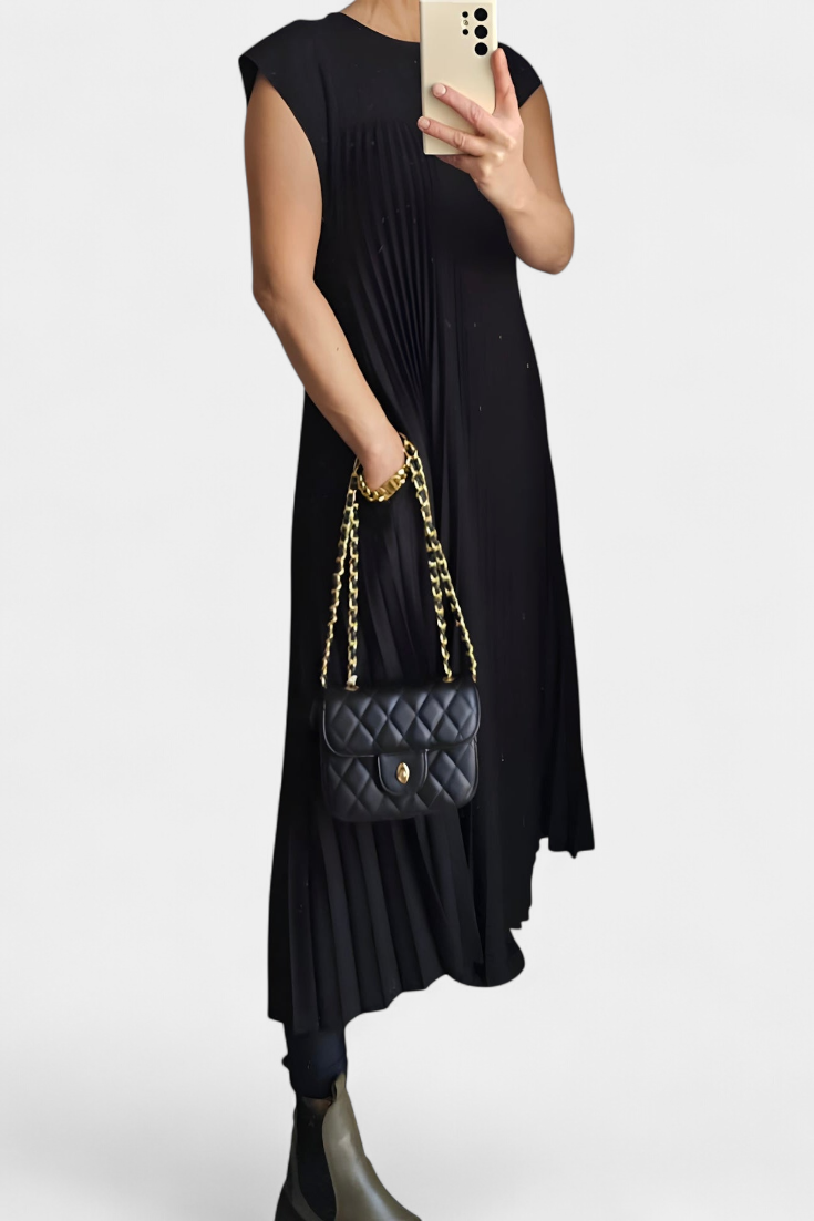 Manuela Αμάνικο Φόρεμα με Πιέτες και Ψηλή Μέση