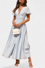 Mélia Φόρεμα Maxi με Λαιμόκοψη V και Φουσκωτά Μανίκια