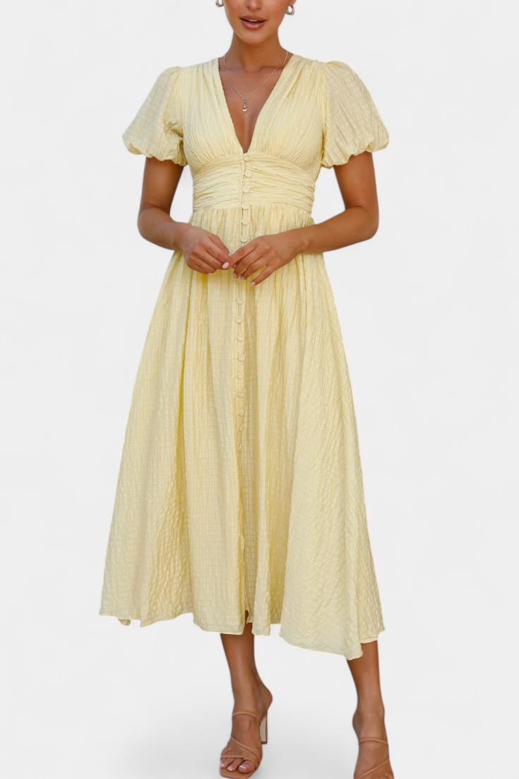 Mélia Φόρεμα Maxi με Λαιμόκοψη V και Φουσκωτά Μανίκια