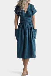 Cressida Βαμβακερό Φόρεμα με Λαιμόκοψη V και Ρυθμιζόμενη Μέση