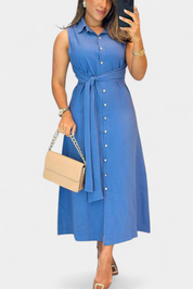 Behnaz Κομψό Αμάνικο Φόρεμα με Ζώνη και Γιακά Πουκαμίσου