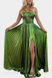 Αικατερίνη Μεταλλικό Φόρεμα Maxi με Χιαστί Λαιμόκοψη και Σκίσιμο