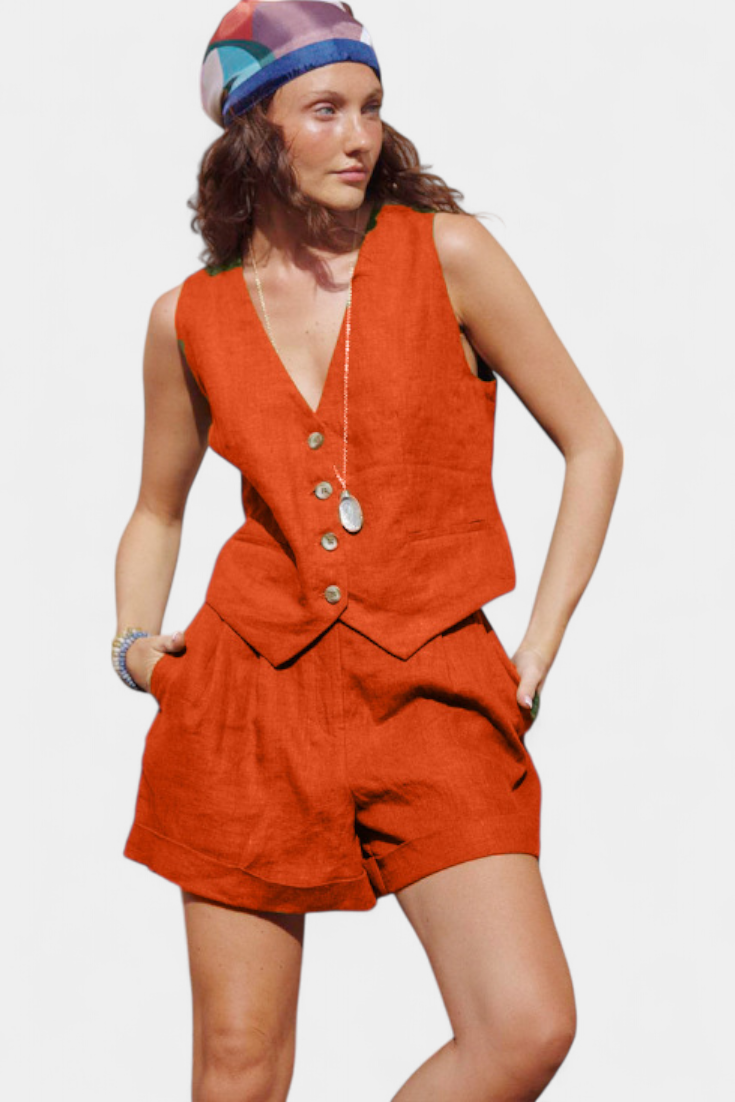 ennifer Σετ με Γιλέκο και Σορτς από Λινό Βαμβάκι