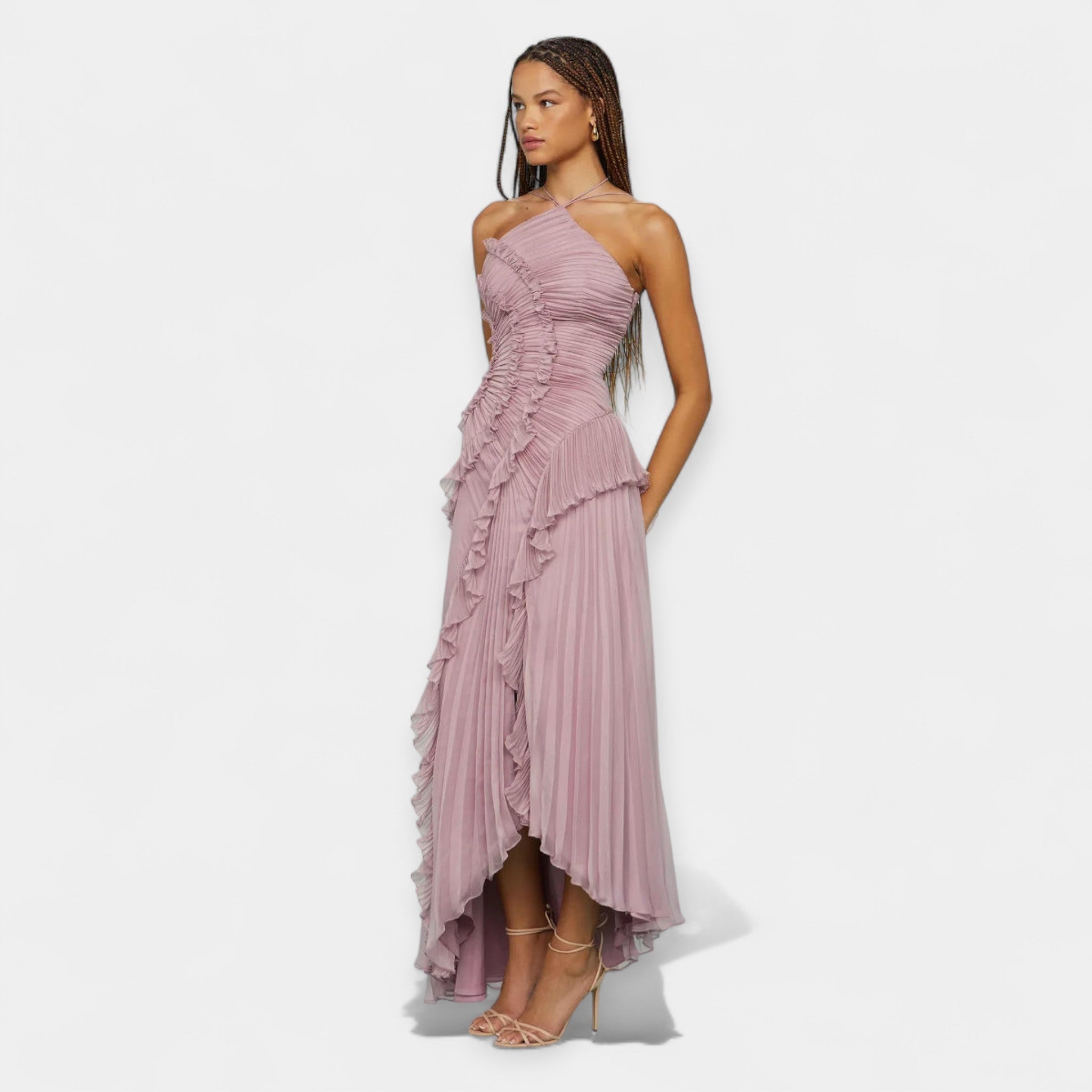 Λιλά Μίντι Φόρεμα με Βολάν