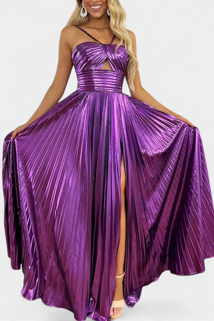 Αικατερίνη Μεταλλικό Φόρεμα Maxi με Χιαστί Λαιμόκοψη και Σκίσιμο