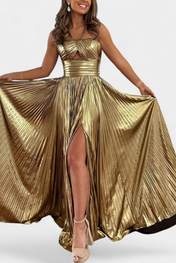 Αικατερίνη Μεταλλικό Φόρεμα Maxi με Χιαστί Λαιμόκοψη και Σκίσιμο