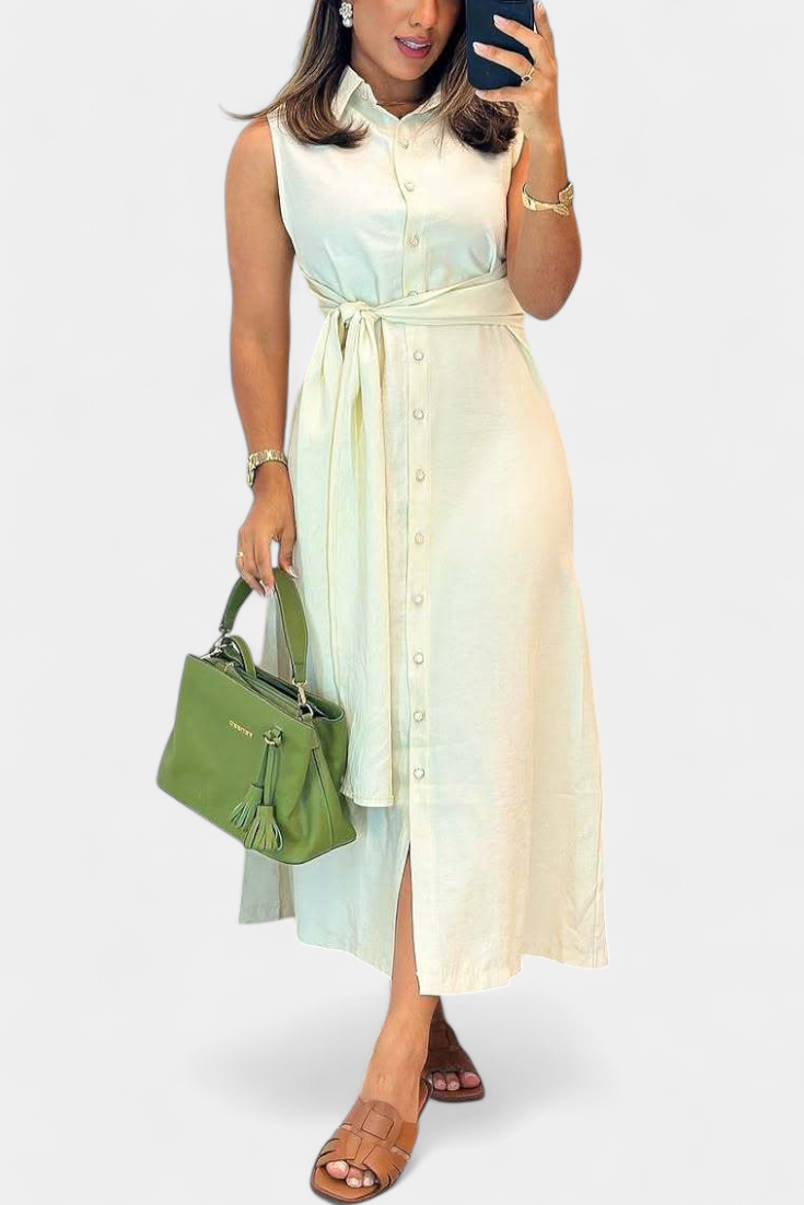 Behnaz Κομψό Αμάνικο Φόρεμα με Ζώνη και Γιακά Πουκαμίσου