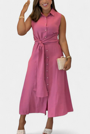 Behnaz Κομψό Αμάνικο Φόρεμα με Ζώνη και Γιακά Πουκαμίσου