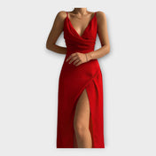 Μακρύ Σατέν Φόρεμα με Σκίσιμο και Λεπτές Τιράντες