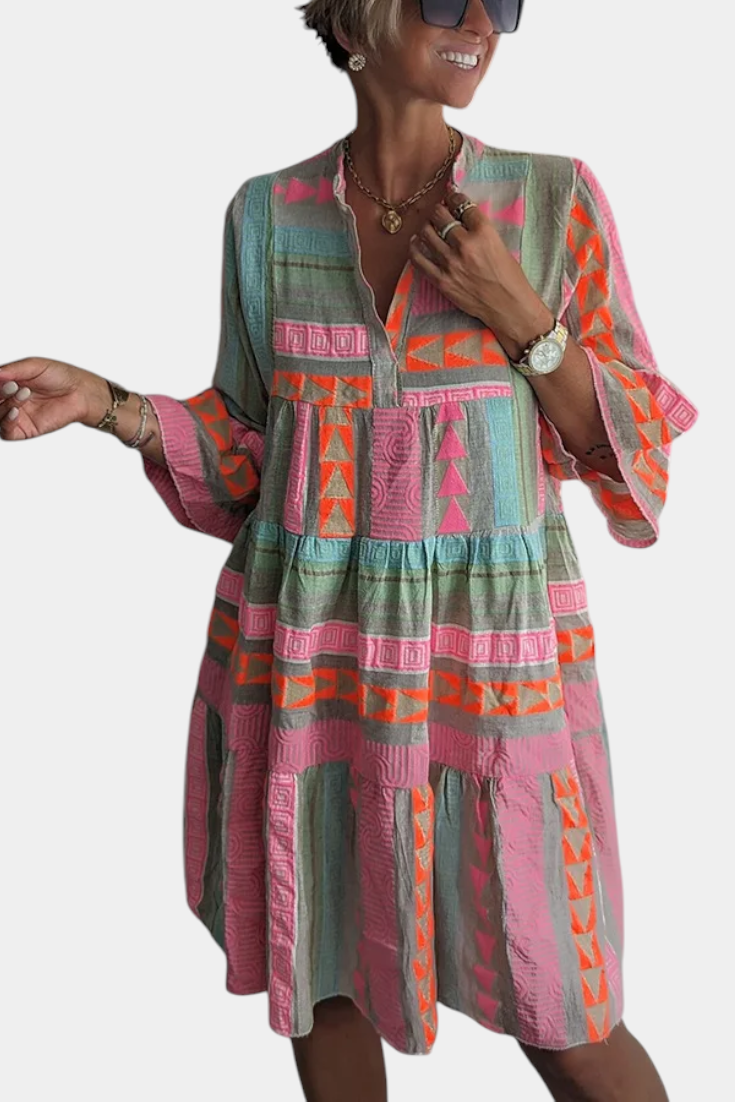 Gina Boho Κεντητό Φόρεμα με V Ντεκολτέ