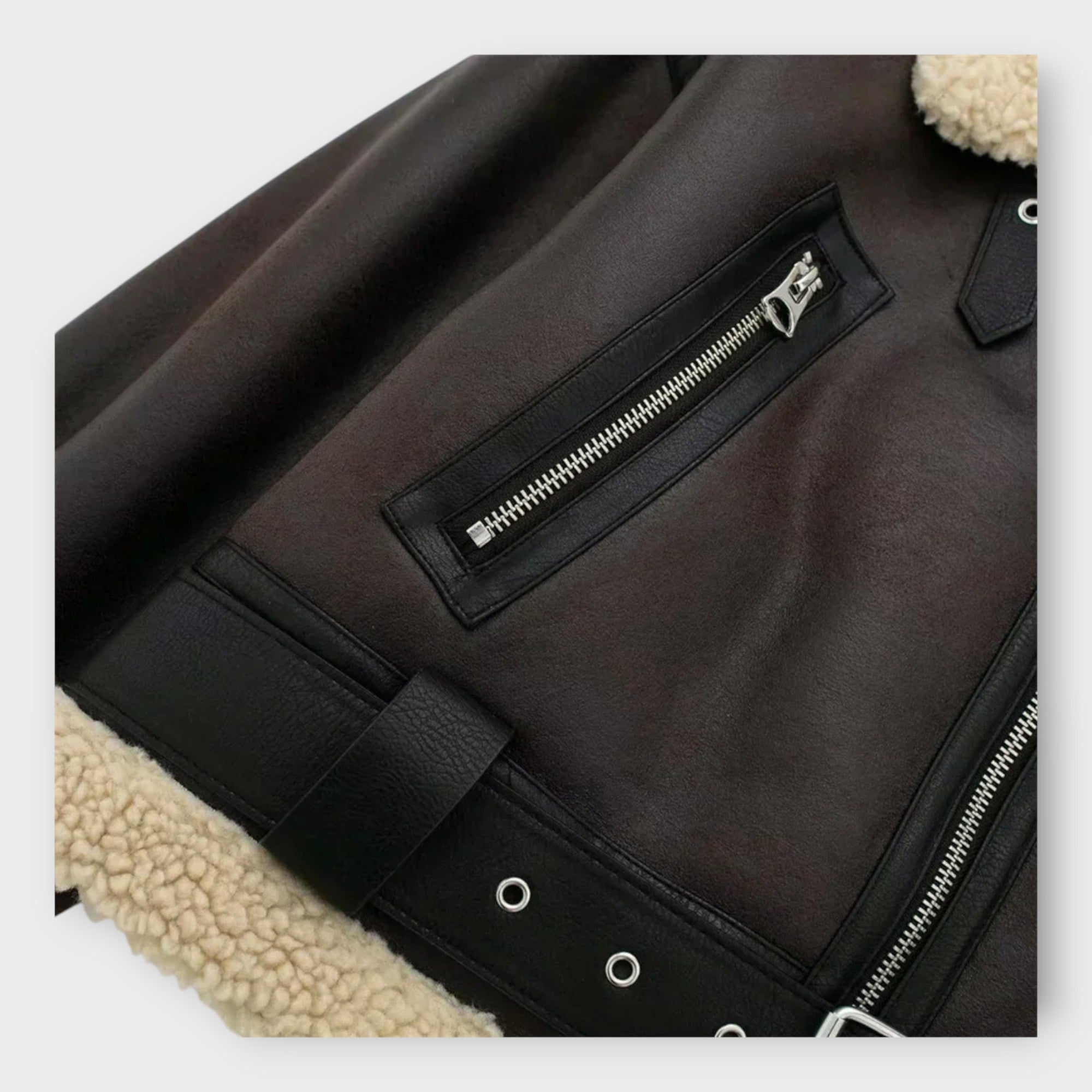 Δερμάτινο Κοντό Μπουφάν με Γούνα και Ζώνη