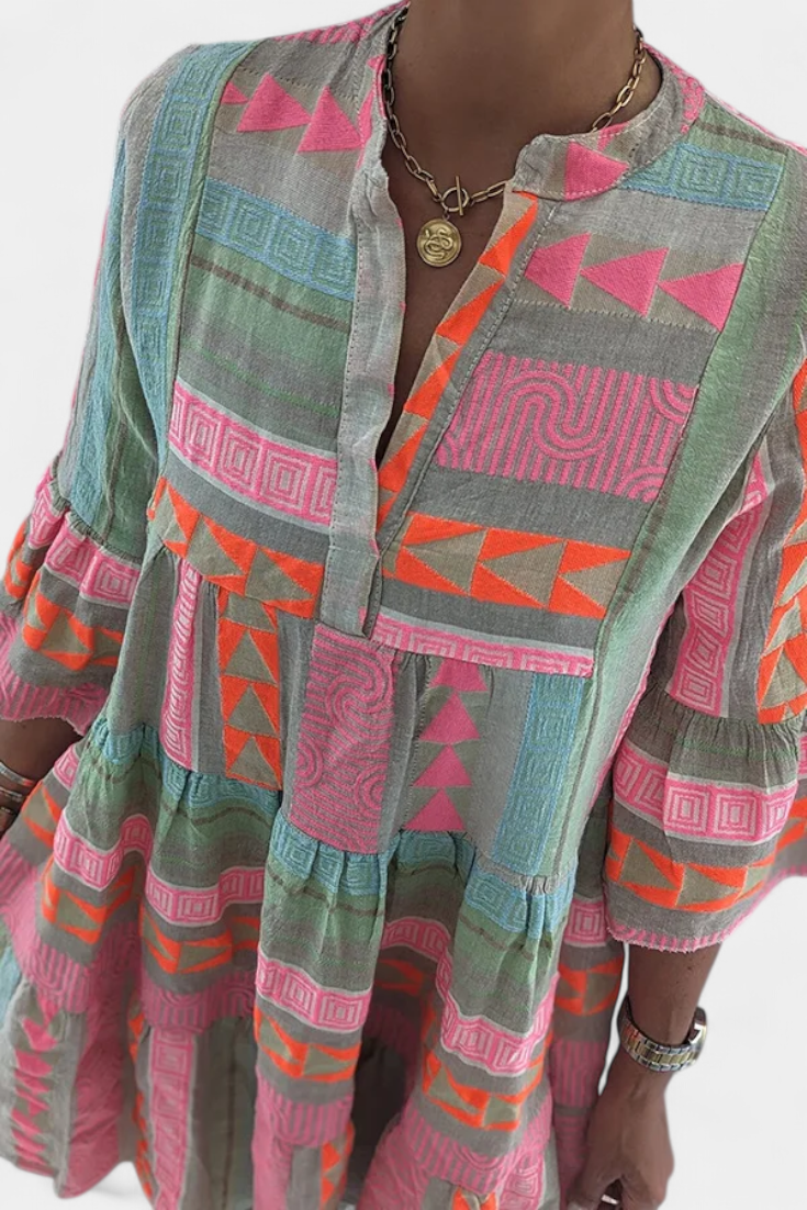 Gina Boho Κεντητό Φόρεμα με V Ντεκολτέ