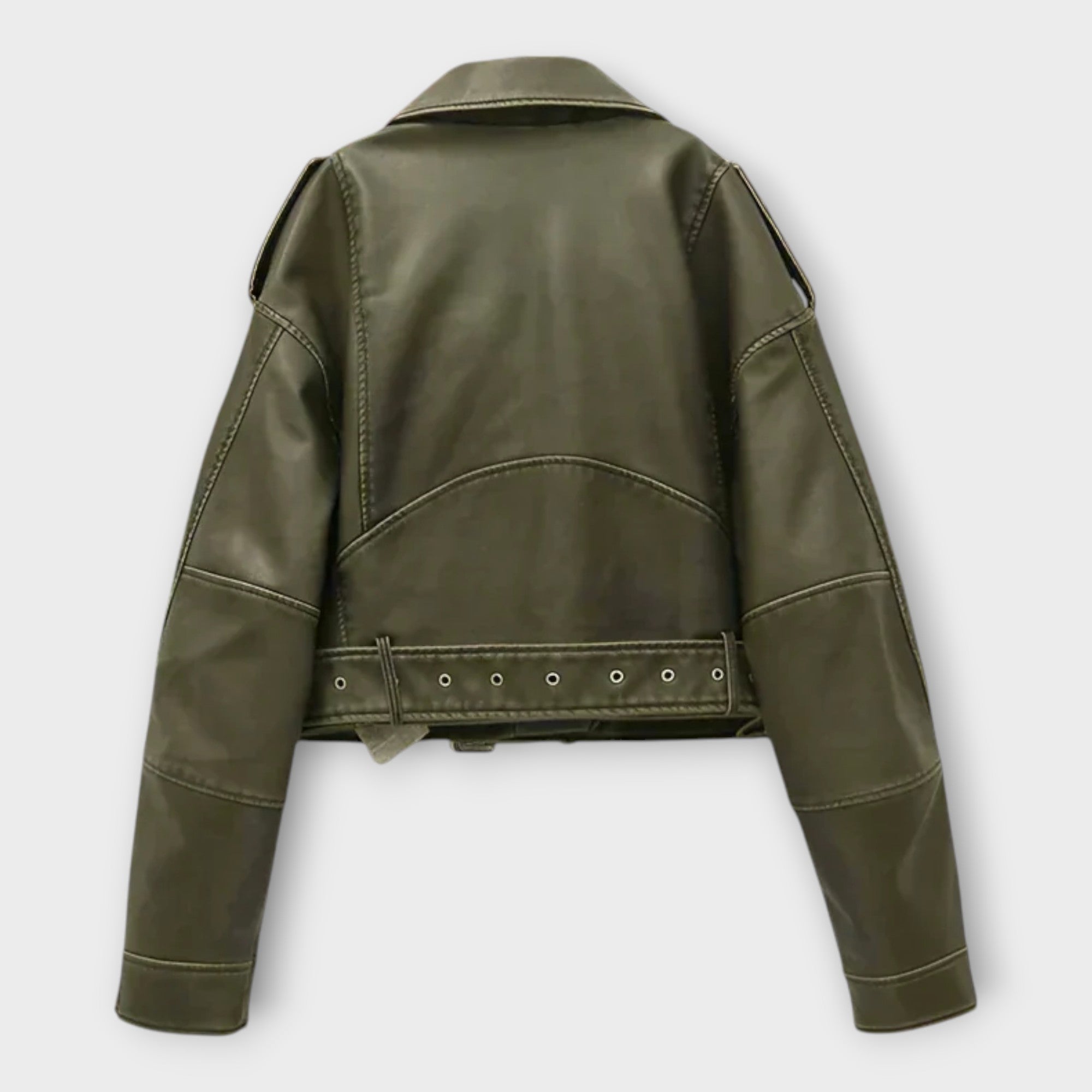 Μοντέρνο Κοντό Δερμάτινο Μπουφάν με Ζώνη και Εκλεπτυσμένη Αισθητική