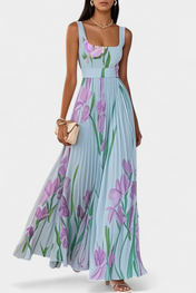 Καλάνθη Μακρύ Πλισέ Φόρεμα με Λουλουδάτο Σχέδιο και Τετράγωνο Ντεκολτέ