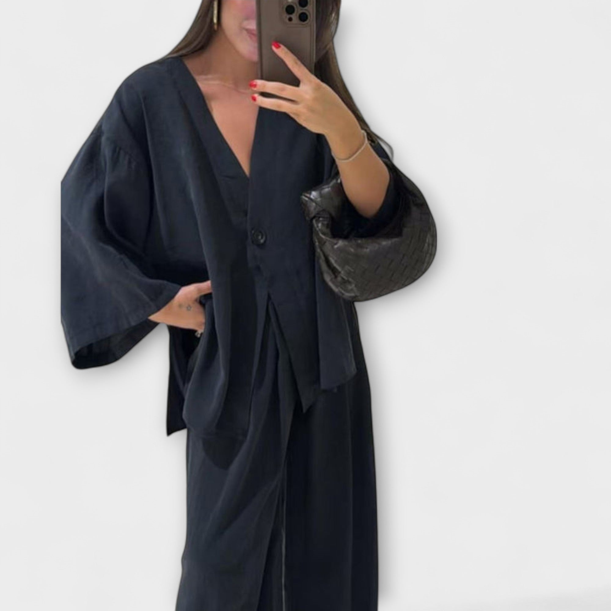 Jacqueline - Casual τοπ με V λαιμόκοψη και παντελόνι δίδυμο