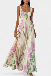 Καλάνθη Μακρύ Πλισέ Φόρεμα με Λουλουδάτο Σχέδιο και Τετράγωνο Ντεκολτέ