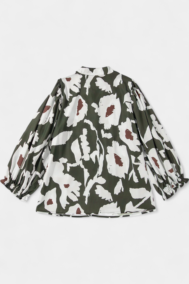 Filomena Μπλούζα με Μισό Κουμπιά, Φουσκωτά Μανίκια και Αφηρημένο Φλοράλ Σχέδιο