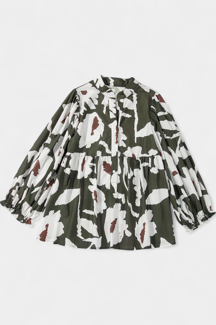 Filomena Μπλούζα με Μισό Κουμπιά, Φουσκωτά Μανίκια και Αφηρημένο Φλοράλ Σχέδιο