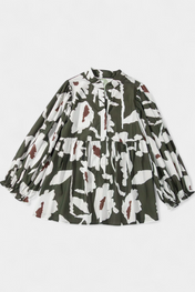 Filomena Μπλούζα με Μισό Κουμπιά, Φουσκωτά Μανίκια και Αφηρημένο Φλοράλ Σχέδιο