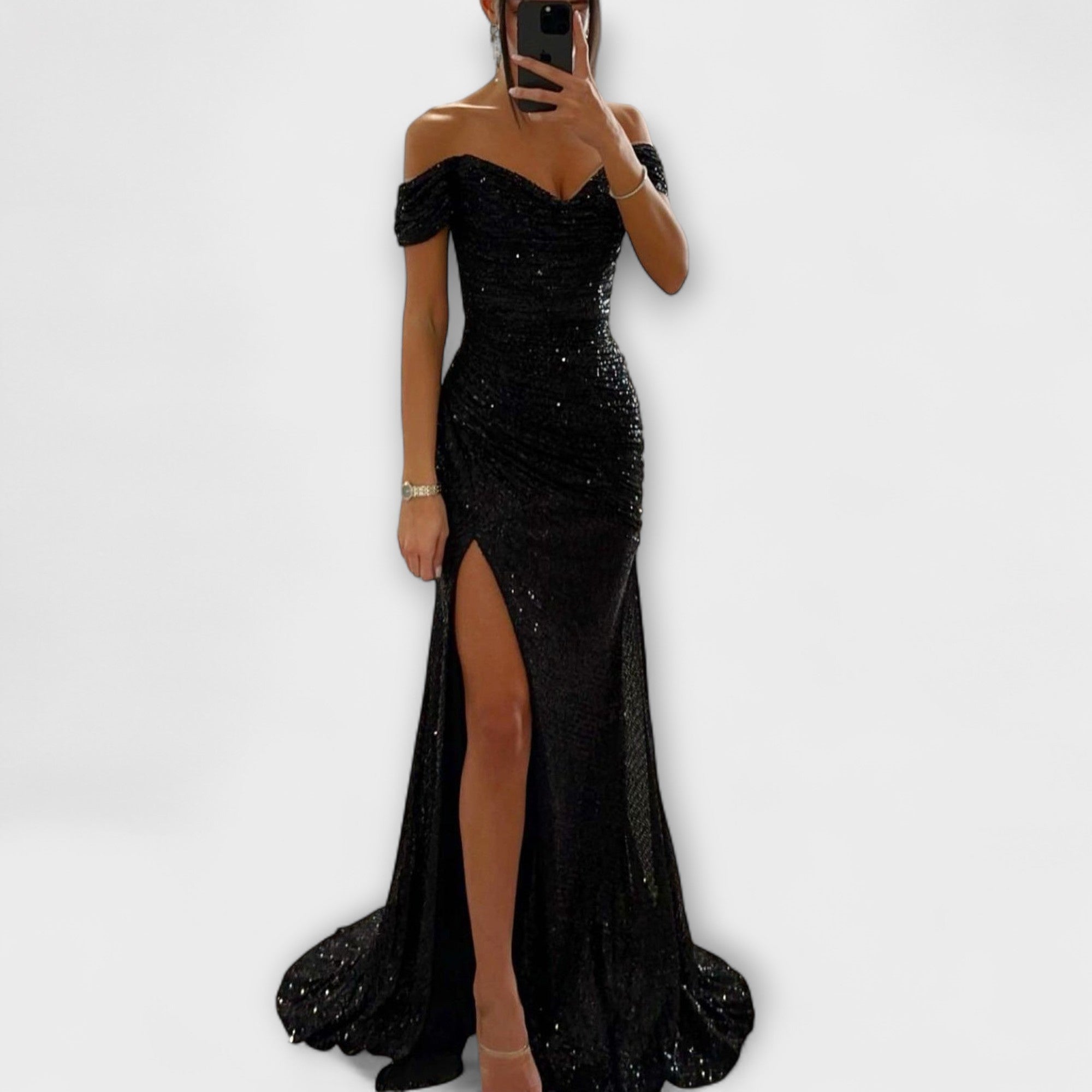 Καλοκαιρινό Βραδινό Φόρεμα — Στράπλες Μάξι με Glitter και Σκίσιμο για Γάμους & Πάρτι