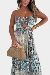 Edurne Μακρύ εμπριμέ φόρεμα με στράπλες λαιμόκοψη