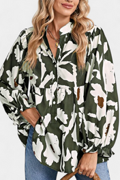 Filomena Μπλούζα με Μισό Κουμπιά, Φουσκωτά Μανίκια και Αφηρημένο Φλοράλ Σχέδιο