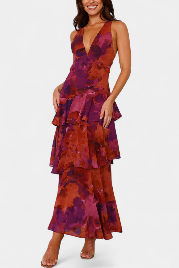 Domenica Φόρεμα από Σιφόν με Ντεκολτέ σε Σχήμα V και Αέρινες Στρώσεις