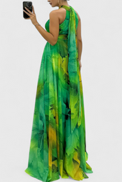 Καπρίς Μάξι Φόρεμα από Σιφόν με Λουλουδάτο Σχέδιο και Δετό Λαιμό