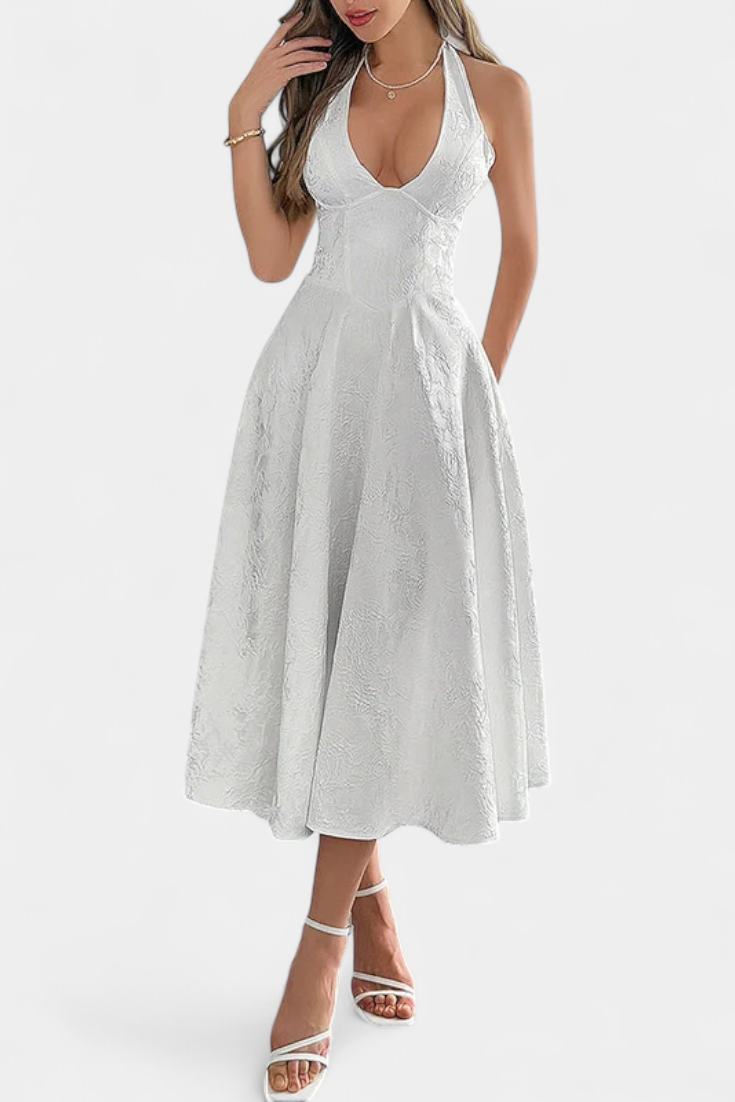 Gilda Φόρεμα Jacquard Midi με Ανοιχτή Πλάτη και Ψηλή Μέση