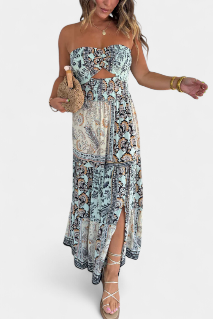 Edurne Μακρύ εμπριμέ φόρεμα με στράπλες λαιμόκοψη