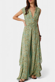 Leandra Ρευστή Ολόσωμη Φόρμα Κρουαζέ με Πράσινο Λουλουδάτο Σχέδιο