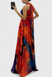 Καπρίς Μάξι Φόρεμα από Σιφόν με Λουλουδάτο Σχέδιο και Δετό Λαιμό