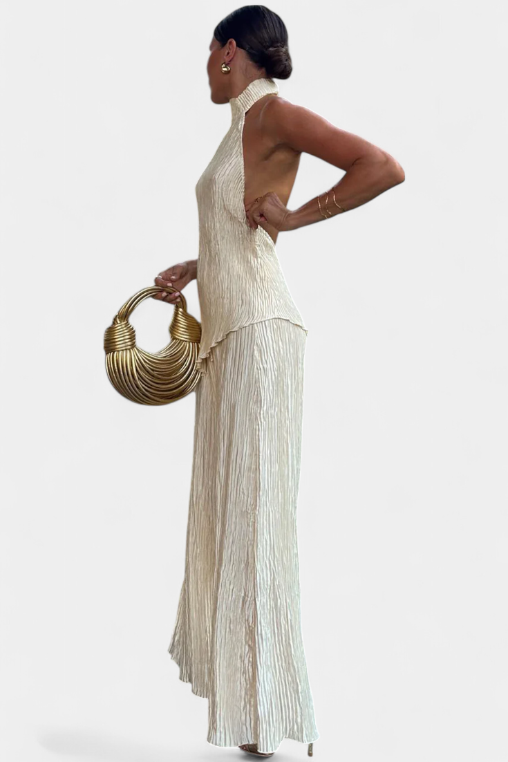 Pilarica Κομψό Πλισέ Σετ με Ασύμμετρο Τοπ και Ρευστό Παντελόνι